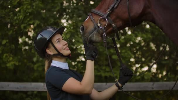 Chica acariciando su caballo cámara lenta — Vídeo de stock