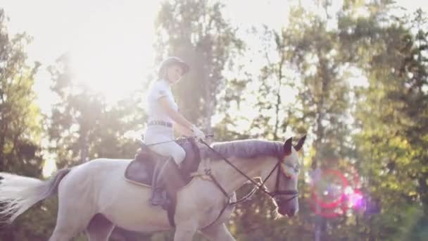 Happy horseback riding in nature — Stock Video