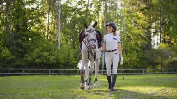 Прогулка в конном клубе от женщины и лошади — стоковое видео