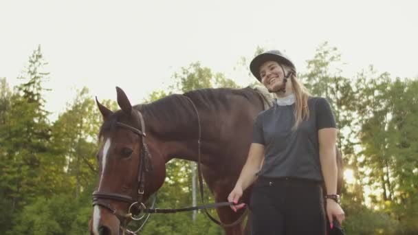 Magnífico paseo con un caballo en la naturaleza — Vídeos de Stock