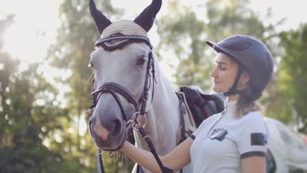 Amor e cuidado das mulheres para seu cavalo — Vídeo de Stock