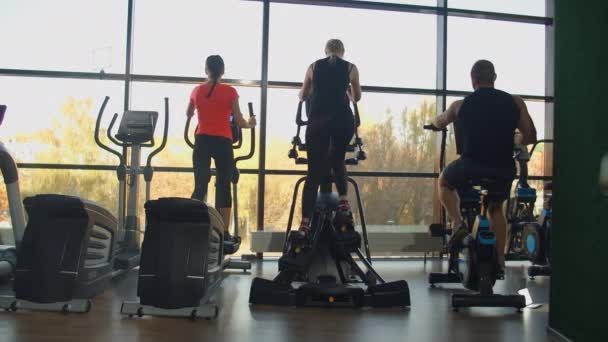 Utsikt bakifrån: På gymmets kardioområde sitter kvinnor på elliptiska maskiner och en man på motionscykeltåg nära ett stort panoramafönster i slow motion — Stockvideo