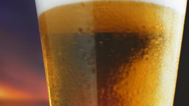 Макро-холодне пиво сповільнюється в склянку з пір'ям. Пивні бульбашки піднімаються на поверхню — стокове відео