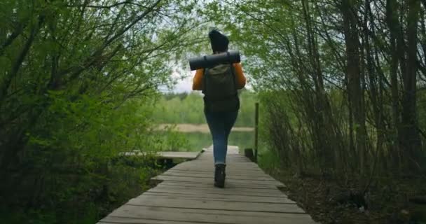 若い女性はゆっくりとした動きでバックパックと森の中の道路に沿って歩く。黄色のセーターと帽子を着た女性旅行者は、秋または春に森の道を歩く. — ストック動画