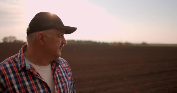 Agricultor sênior em um campo olhando para a distância. Agricultor sênior em pé no campo de soja examinando a cultura ao pôr do sol — Vídeo de Stock