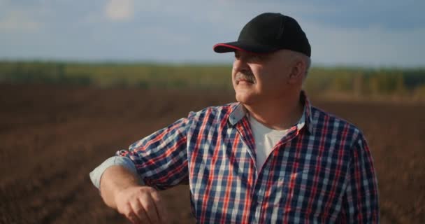 Végzős farmer a mezőn, aki a távolba néz. Naplementekor a szójababtermesztés területén álló vezető mezőgazdasági termelő — Stock videók