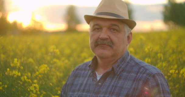 Primo piano del Caucasico anziano Guardando la macchina fotografica bell'uomo saggio contadino in un cappello guardando il lato, girando la faccia verso la fotocamera e sorridendo nel campo di colza di grano. Ritratto — Video Stock