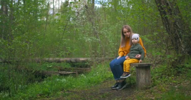 Mother spends time with her young son in nature telling and introducing him to nature and the surrounding world. Learn and explore the world together. Motherhood and childhood — Stock Video