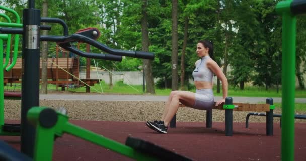 Uma atleta feminina realiza exercícios inversos em um banco em um parque em câmera lenta. Mulher bonita jogando esportes no parque — Vídeo de Stock