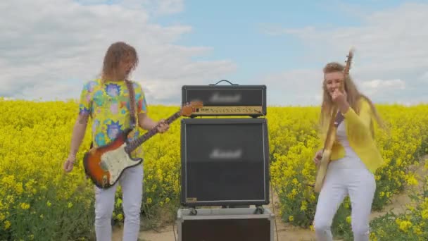 Due chitarristi un uomo e una donna ballano e suonano chitarre in un campo di fiori gialli — Video Stock