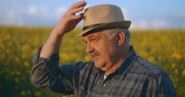 Şapkalı yaşlı bir çiftçi gün batımında duruyor ve uzaklığa bakıyor. Başarılı bir iş günü konsepti. Sarı çiçek tarlasında traktör sürücüsü