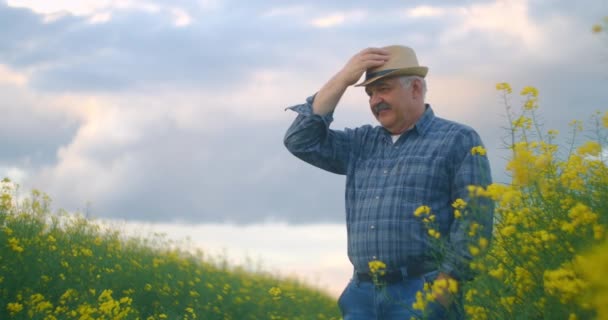 Un fermier en chapeau regarde la caméra et sourit. Le conducteur du tracteur regarde la caméra et sourit. Portrait d'un agriculteur âgé. — Video