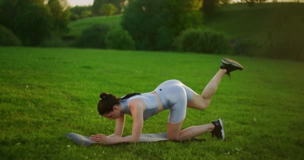 Mujer atleta involucrada en la aptitud en el parque, haciendo levantamientos de piernas en la estera. Entrenamiento. Trabajar en un hermoso cuerpo por la mañana o al atardecer. Ejercicios para la musculatura de piernas y caderas — Vídeo de stock