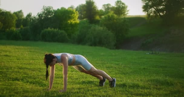 Kobieta wykonuje ćwiczenia na desce stojąc na trawie o zachodzie słońca w parku. Powoli przechodzi na ręce na trawie. Podnieś nogi na desce.. — Wideo stockowe