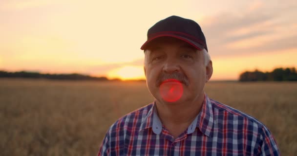 Retrato de um agricultor adulto sênior em um campo de grãos olhando para a câmera e sorrindo ao pôr do sol. O motorista do trator tira a tampa e olha para a câmera em câmera lenta — Vídeo de Stock