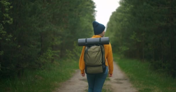 Visão traseira do fundo e do lado: uma mulher viajando a pé em uma camisola amarela e chapéu em uma estrada florestal com uma mochila e olhando para árvores e natureza. Sozinho numa viagem. O conceito de liberdade — Vídeo de Stock