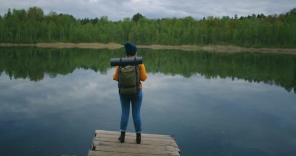 Visão traseira: Uma viajante feminina com uma mochila desfruta da beleza de um lago de floresta montanhosa em pé em um cais de madeira. Conceito de câmera lenta de uma viagem solitária de mulheres solitárias. Quarentena e viagens — Vídeo de Stock