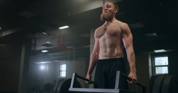Athlétique bel homme fait Deadlift avec un haltère dans la salle de gym. Exercices masculins magnifiques d'ascenseur de poids d'entraînement de bodybuilder professionnel dans le centre de formation d'ajustement authentique. — Video