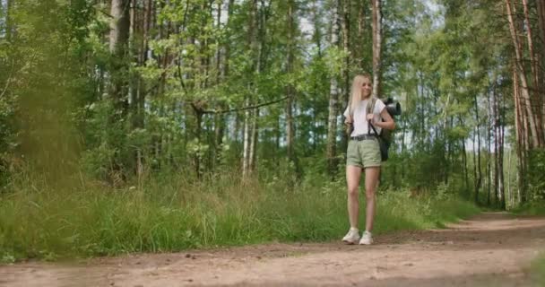 바지와 티셔츠를 입은 성인 여성은 숲 속을 걸어 다닌다. 젊은 여자 하이킹 — 비디오