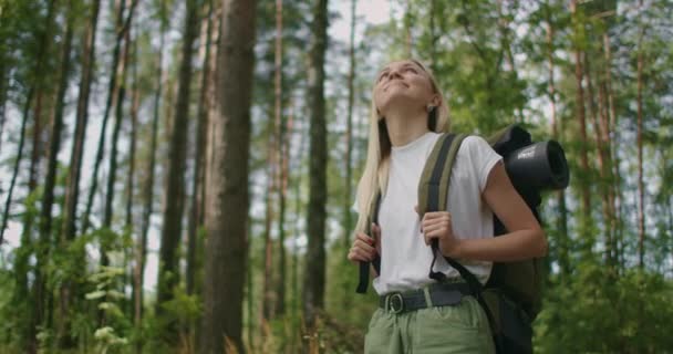 느린 동작 인식: 반바지와 티셔츠를 입은 성인 코카서스 여성이 숲 속을 걸어 다닌다. 젊은 여자 하이킹 — 비디오