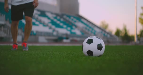 Establecer la pelota de fútbol en la carrera de césped y golpear la pelota en el estadio con un césped verde. Un futbolista profesional patea la pelota en cámara lenta — Vídeos de Stock