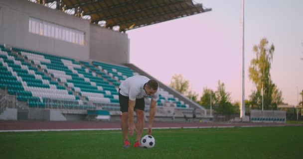 Sett sockerballen på plenen og slå ballen på stadion med en grønn plen. En profesjonell fotballspiller sparker ballen i sakte film – stockvideo