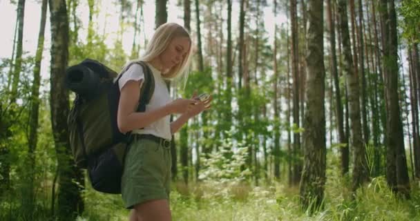 Un voyageur dans la forêt avec un sac à dos marche le long du chemin et regarde l'écran du téléphone mobile — Video