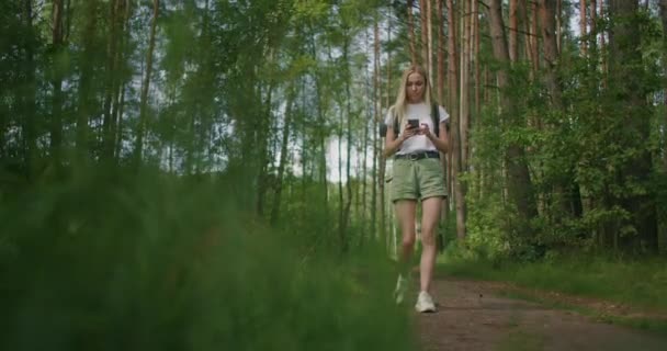 Plan général téléphone portable dans les mains d'une voyageuse marchant dans la forêt. Réseaux sociaux Navigateur et messager. Utilisez votre téléphone portable pour une promenade dans les bois — Video