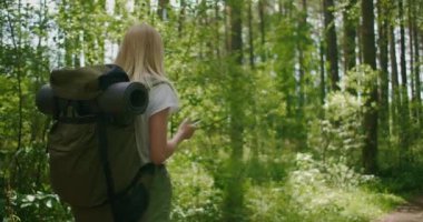 Genç bir dişi turist sırt çantasıyla ormanda yürüyor ve doğanın güzelliğine bakıyor. Turizm ve Yürüyüş maceraları. Ormanda yürüyen şortlu güzel, ince bir kadın.