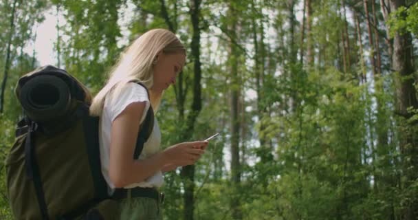 Una giovane donna con un cellulare cammina attraverso la foresta viaggiando con uno zaino al rallentatore. Viaggiatore in pantaloncini nel bosco in cerca di satelliti GPS — Video Stock