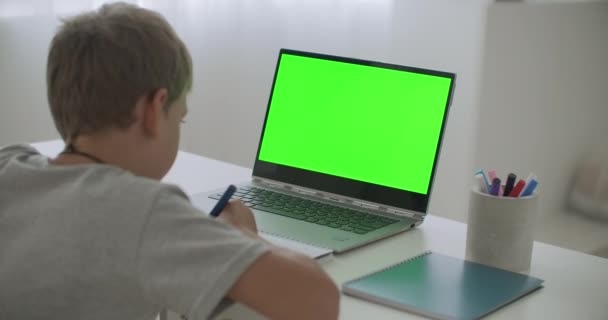 Pojke ritar och tittar på tecknad film på internet, med hjälp av laptop hemma på semester, grön skärm på bärbar dator — Stockvideo