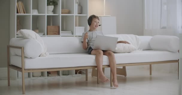 Petit garçon est assis sur le canapé à la maison et en utilisant appel vidéo pour communiquer avec des amis par ordinateur portable, auto-isolement — Video