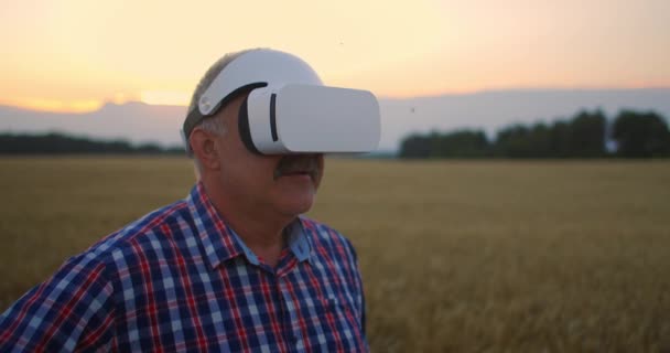 Ένας ηλικιωμένος αγρότης χρησιμοποιεί χειρονομίες με τα χέρια του να στέκονται σε ένα χωράφι φορώντας γυαλιά εικονικής πραγματικότητας. Χρησιμοποιήστε γυαλιά VR στη γεωργία σε ένα χωράφι με σιτάρι. — Αρχείο Βίντεο