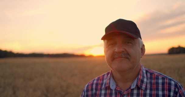 Close-up portrait of a farmer in a cap at sunset looking directly into the camera — Stock Video