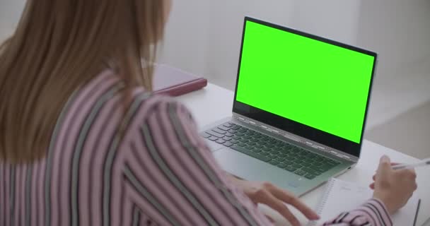 여성이 노트북에서 크로마 키 기술, 전자 학습, 원격 작업을 위한 녹색 화면을 가진 웹나를 보고 있습니다. — 비디오
