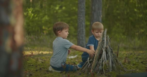 2人の男の子がハイキング中に森の中で火に棒を入れました。森の中の少年たちは火を灯して棒をまとめる準備をしている — ストック動画