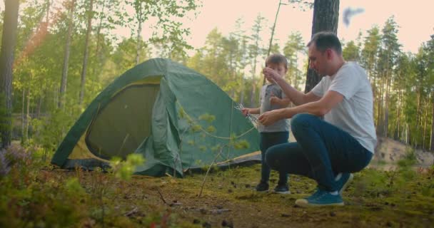 The boy helps his father to set up and assemble a tent in the forest. Teaching children and travelling together in a tent camp — Stock Video