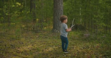 Yürüyüş sırasında kamp ateşi için çubuk toplayan ve takan bir çocuk. Yemek pişirmek ve marşmelov kızartmak için orman kadrosu 