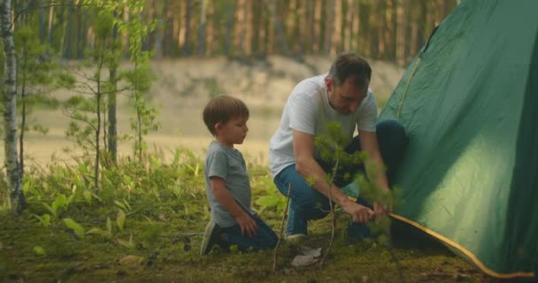 นักท่องเที่ยวในป่าบนชายฝั่งของพ่อและลูกชายของครอบครัวทะเลสาบตั้งแคมป์เต็นท์ในการเคลื่อนไหวช้า — วีดีโอสต็อก