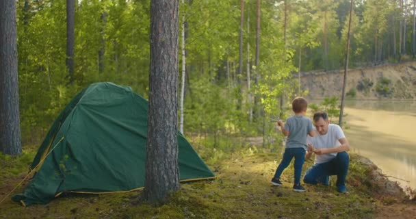 The boy helps his father to set up and assemble a tent in the forest. Teaching children and travelling together in a tent camp — Stock Video