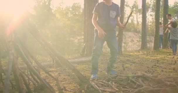 Een jongen verzamelt en draagt stokken voor een kampvuur tijdens een wandeling. Bosgieter voor het koken en bakken van marshmallows — Stockvideo