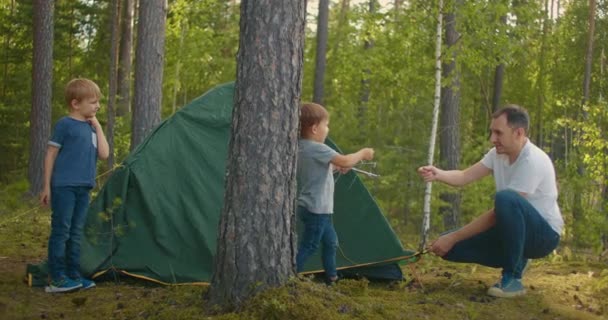 The children, together with their father, set up a tent for the night and camping in the forest during the journey. A man and two children 3-5 years old together in a hike gather a tent in slow motion — Stock Video