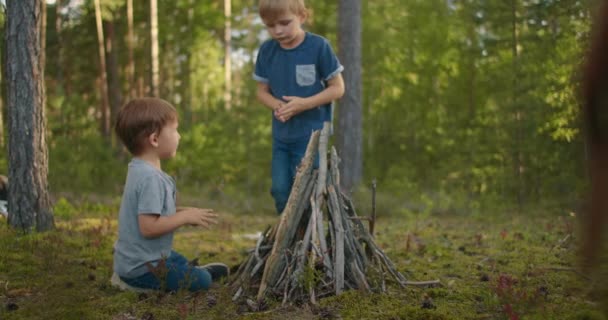 Dwóch chłopców braci w wieku 3-6 lat w lesie zbiera i rozstawia ognisko o zachodzie słońca podczas rodzinnego kempingu — Wideo stockowe