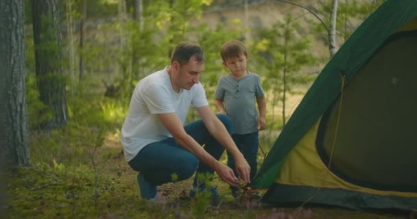 The boy helps his father to set up and assemble a tent in the forest. Teaching children and travelling together in a tent camp — Stock Video