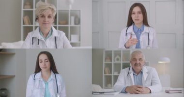 Doktor eğitimli tıp çalışanları grubu sanal konferans web kameraları kolajı sohbet uygulaması ekran görüntüsü öğretiyor. Teletıp uzaktan eğitim webinar, elearning konsepti.