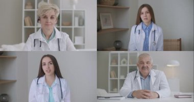 Kulaklık takan doktor grup konferansı sırasında Corona virüsü salgını hakkında eğitim terapisti ve cerrahı görüntülü konuşma uygulaması, sanal webcam sohbet uygulaması.