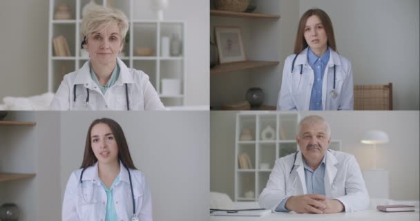 Médico con auriculares videoconferencia formación terapeuta y cirujano sobre pandemia de virus corona durante la videollamada de conferencia de grupo, aplicación de chat webcam virtual. — Vídeos de Stock