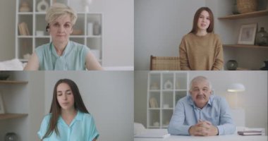 İş adamları ekibi video konferansında grup içi sanal sohbet görüşmesi ev ofisinden çalışıyor. Çevrimiçi eğitime katılan çalışanlar grubu, giyim kuşam ya da mesafe toplantısı. Kolaj ekranı görünümü