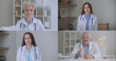 Doktor eğitimli tıp çalışanları grubu sanal konferans web kameraları kolajı sohbet uygulaması ekran görüntüsü öğretiyor. Teletıp uzaktan eğitim webinar, elearning konsepti.