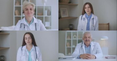 Kulaklık takan doktor grup konferansı sırasında Corona virüsü salgını hakkında eğitim terapisti ve cerrahı görüntülü konuşma uygulaması, sanal webcam sohbet uygulaması.